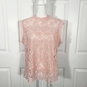 Nanette Lapore Lace High Neck Sleeveless Top in Peach Pink Gold Zipper in Back